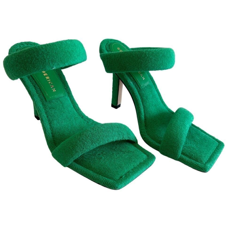 Good American Shoes Two Strap Heels Sandals Square Toe Terry Cloth Kelly Green 5